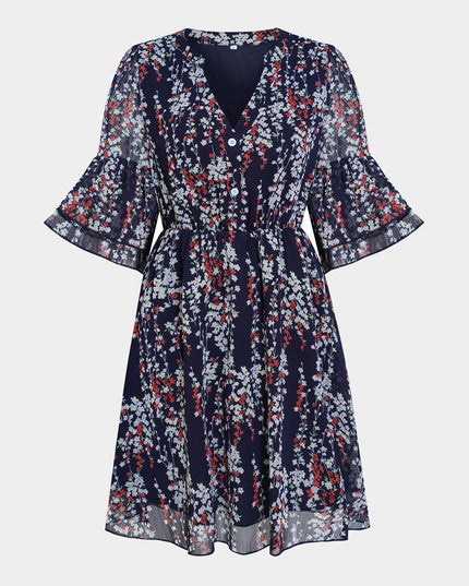 Midsize Sprightly Bouquet Mid-Sleeves Mini Dress