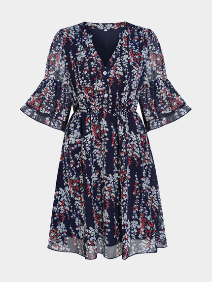 Midsize Sprightly Bouquet Mid-Sleeves Mini Dress