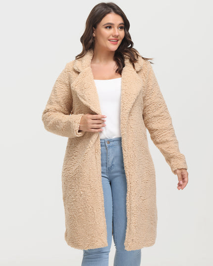 Abrigo midi de lana de cordero con solapa de embudo de moda de tamaño mediano 