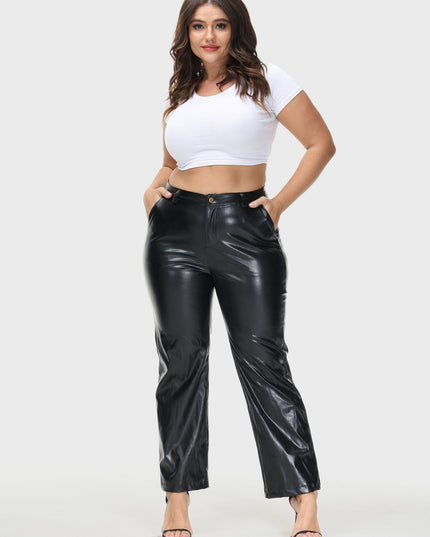PU Leather Straight Leg Casual Pants with Pockets