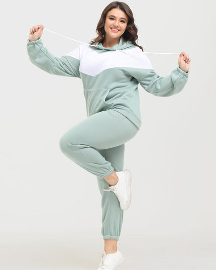 Midsize Casual Fashion Colorblock Fleece Hoodie 2-Piece Set